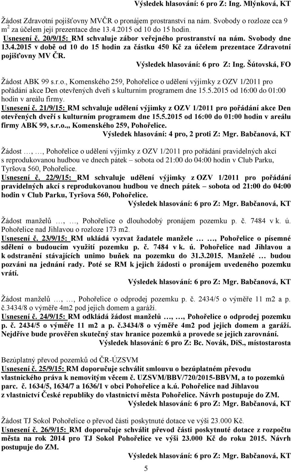 Výsledek hlasování: 6 pro Z: Ing. Šútovská, FO Žádost ABK 99 s.r.o., Komenského 259, Pohořelice o udělení výjimky z OZV 1/2011 pro pořádání akce Den otevřených dveří s kulturním programem dne 15.5.2015 od 16:00 do 01:00 hodin v areálu firmy.