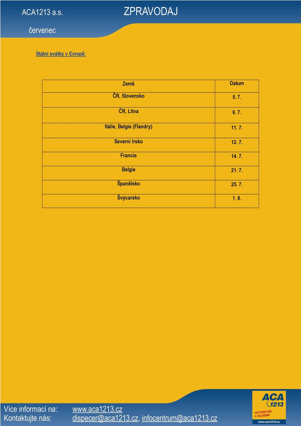 7. Severní Irsko 12. 7. Francie 14. 7. Belgie 21.