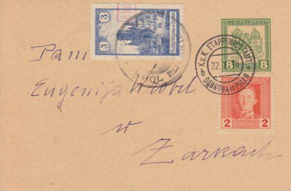 - 15 - ku razítka je 22.X.1918. Dopis je poslán na firmu v Niegowej, pońta Żarki. Obě razítka, jak expediční, tak doruční, jsou na zásilce celkem kvalitně otińtěna.