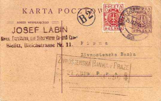 - 4-1) Rakouská dopisnice s přetiskem POCZTA / POLSKA / 15h. Zásilka je poslána z Bielska do Brna, datum na expedičních razítkách je -6. X. 19 7.