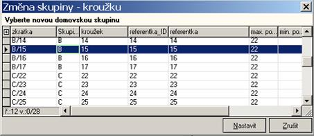 Změna skupiny studenta (15) - jestliže potřebujete zařadit studenta nebo více studentů do jiné studijní skupiny nebo kroužku označte tyto studenty kurzorem a stiskněte toto tlačítko.