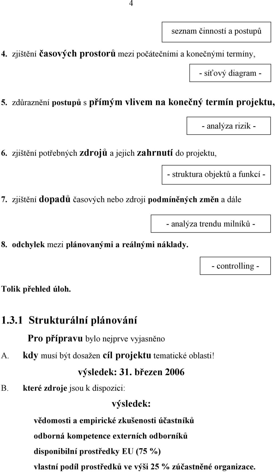 zjištění dopadů časových nebo zdroji podmíněných změn a dále - analýza trendu milníků - 8. odchylek mezi plánovanými a reálnými náklady. - controlling - Tolik přehled úloh. 1.3.