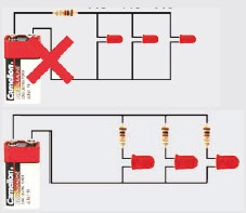 Jak vypočítat odpor série: Příklad: pracujete s červenou LED (1.7V) a zdrojem 9Vdc.
