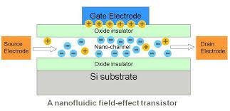 Nanofluidní tranzistor Nanofluidní tranzistor : průtok iontů kapilárou je řízen potenciálem na