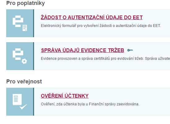 Seznam dokladů EET 3.4. Web EET Spuštění webových stránek k EET na daňovém portálu. Web EET 3.5. Test EET, ověření nastavení Funkce zasílá na portál EET tzv. testovací zprávu.