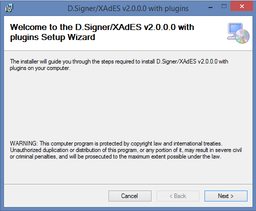 3.3 D.Signer/XAdES Samotná inštalácia sa zaháji stiahnutím inštalačného programu a jeho spustením, čo používateľ vykoná stlačením tlačidla Spustiť.