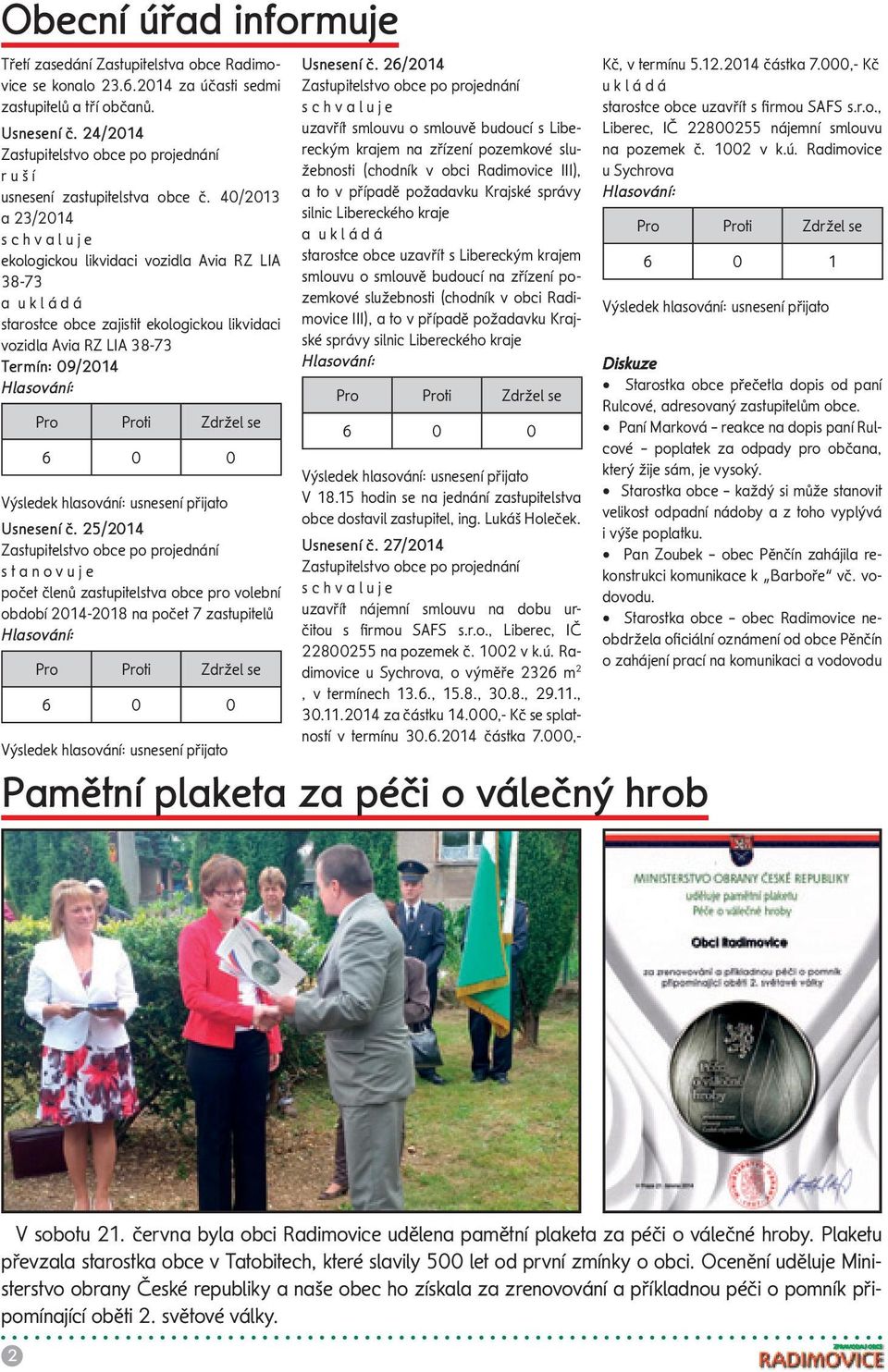 Usnesení č. 25/2014 s t a n o v u j e počet členů zastupitelstva obce pro volební období 2014-2018 na počet 7 zastupitelů 6 0 0 Usnesení č.