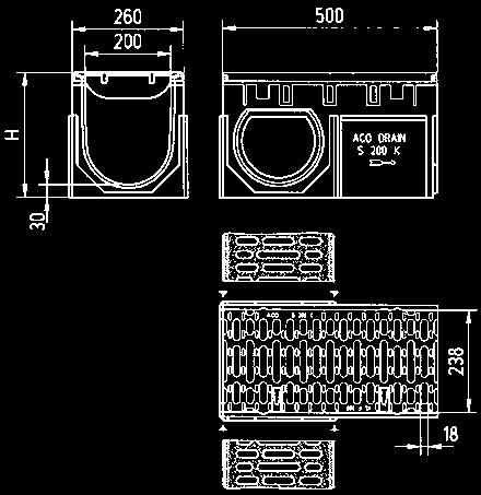 ACO DRAIN Liniový odvodňovací systém S 200 K Powerlock pro vysoké zatížení, světlá šířka 20,0 třídy zatížení D 4001), E 00, F 900 podle ČSN EN 1433 Žlab S 200 K Powerlock z polymerického betonu s ACO