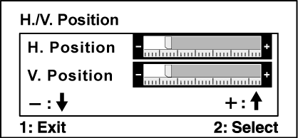 Ovládací prvek Popis H./V. Position (Horizontální/vertikální poloha) posunuje zobrazení na monitoru vlevo, vpravo, nahoru nebo dolů.