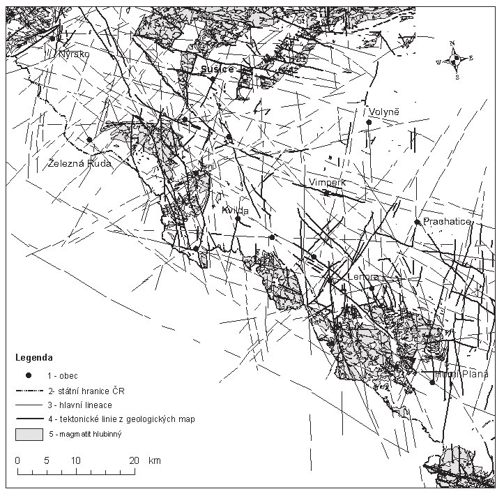 Obr. 2. Výběr hlavních lineací získaných analýzou radarové satelitové scény ERS 2 v pozici k magmatitům centrálního masívu moldanubického a středočeského plutonu. Fig. 2. Main lineations acquired by the analysis of the radar satelit images (ERS 2) compared with plutonic magmatites.