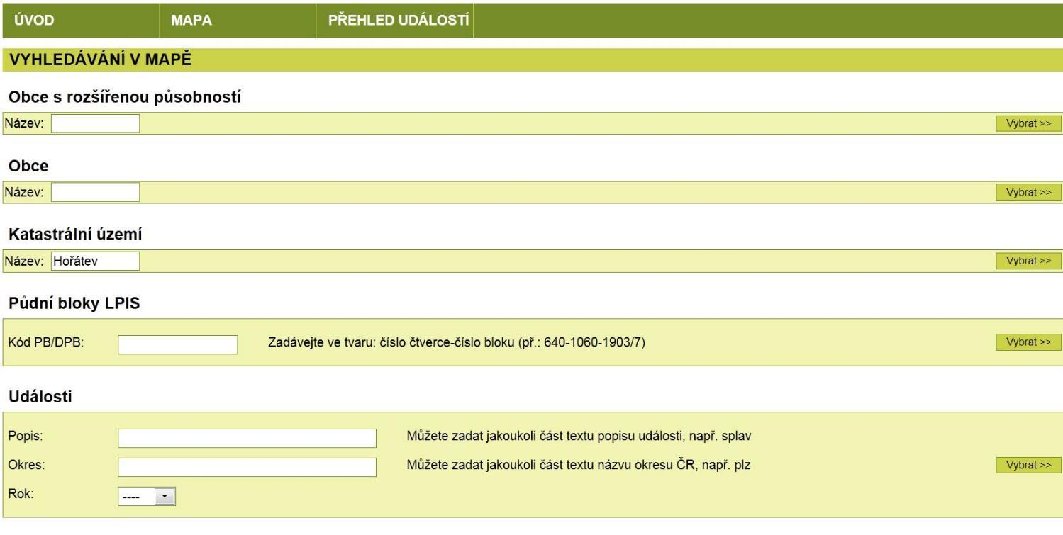 Ovládání mapy - vyhledávání Vyhledávání v mapě na webovém portálu