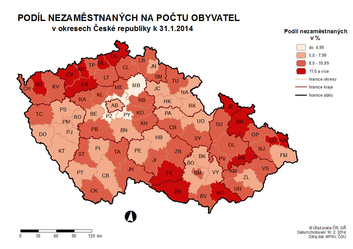Na 1 volné pracovní místo připadl největší počet uchazečů v kraji Olomouckém (35,8), v Moravskoslezském (33,4) a v Ústeckém kraji (33,0).