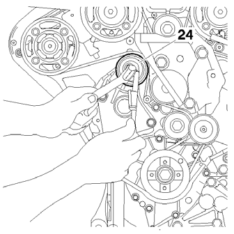 Nastavení rozvodu Motor : XFV Seřízení napnutí rozvodového řemene Předběžné operace Otočit deskou (25) napínací kladky (24) s pomocí nářadí typu FACOM S.161. Našroubovat šroub (21) do desky (25).