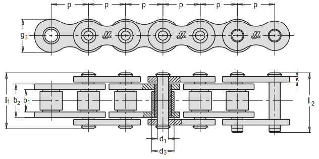 ŘETĚZOVÝ PŘEVOD Obr.9 Válečkový řetěz 08 B-1 [15] 6.2.1 PARAMETRY ŘETĚZU Dle zdroje [15] Tab.