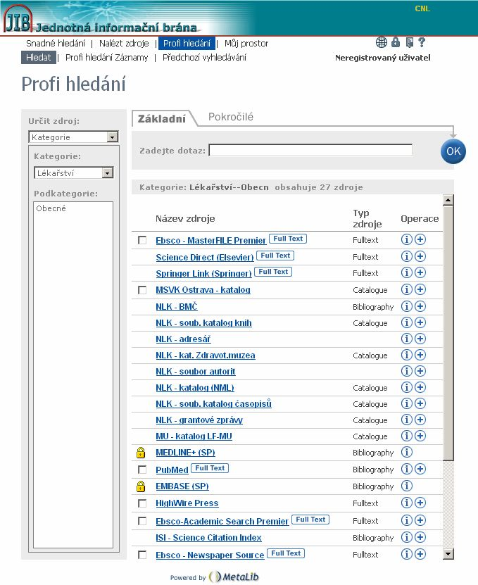 Po výběru kategorie Lékařství jsme se dostali na vyhledávací obrazovku. Mezi zdroji v rámci JIB můžete nalézt zdroje: volné (jako např.