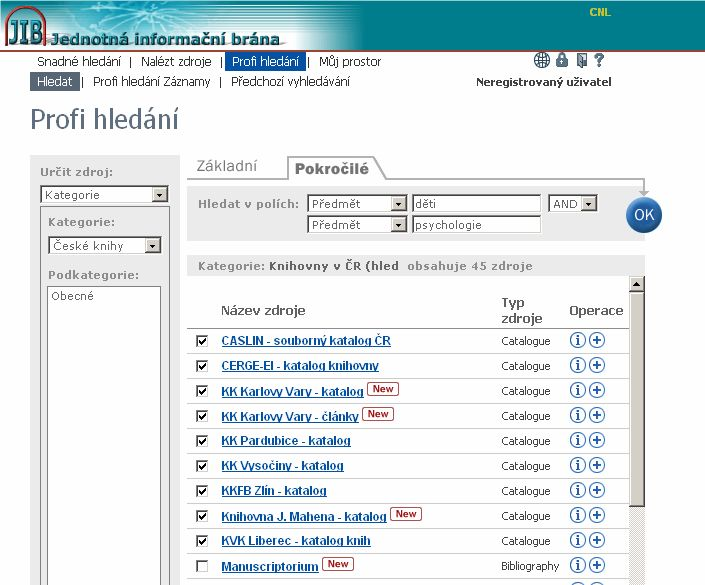 Profi hledání v JIB Pro vyhledávání jsme si vybrali kategorii Knihovny v ČR (hledání). Z nabídky v této kategorii jsme označili pro vyhledávání jak knižní, tak článkové databáze.