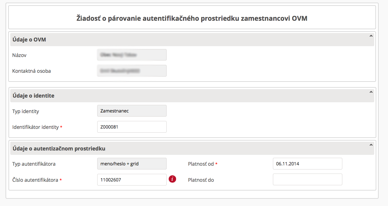 Obr. 14 - Formulár žiadosti o párovanie autentifikačného prostriedku zamestnancovi OVM Po vyplnení formulára kliknite na tlačidlo Odoslať". Následne sa vám zobrazí okno na opätovné prihlásenie.