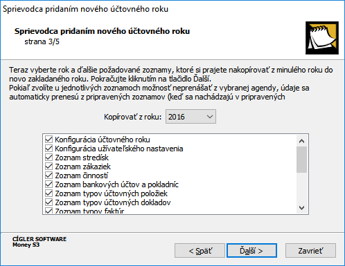 3. V tomto kroku viete podrobne určiť, ktoré zoznamy chcete alebo nechcete prevziať z predchádzajúceho roka. Okrem špecifických prípadov odporúčame prevziať všetky zoznamy z minulého roka. Napr.