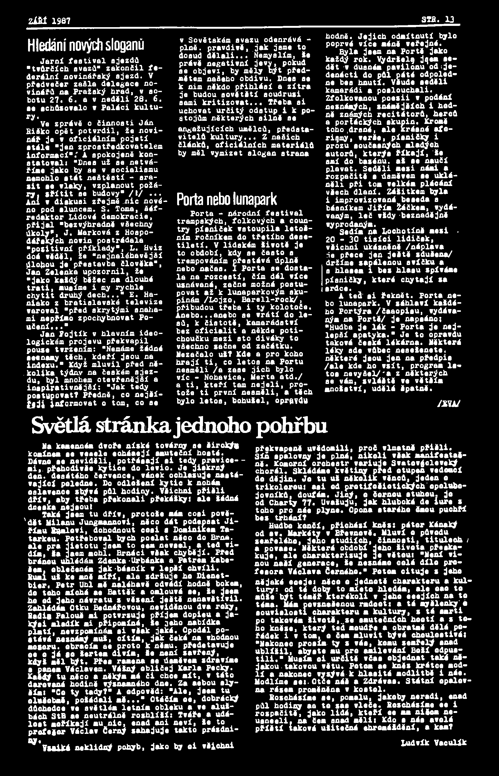 ZÍŘÍ 1987 STB. 13 Hledání nových sloganů Jarní festival sjezdů "tvůrčích svazů" zakončil federální novinářský sjezd. V předvečer zašla delegace novinářů na Pražský hrad, v sobotu 27«6. a v neděli 28.