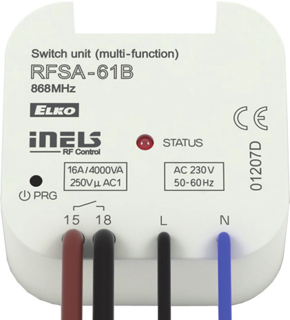 Spínací bezdrátový prvek RFSA-11B, RFSA-61B Spínací prvek s 1 výstupním kanálem slouží k ovládání spotřebičů, zásuvek, světel (snadno jej lze integrovat k ovládání garážových vrat nebo bran).