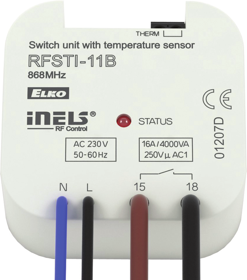 Spínací prvek s teplotním senzorem RFSTI-11B Teplotní prvek měří teplotu eterním senzorem a zároveň ovládá topný okruh (elektrické podlahové vytápění, klimatizaci, kotel ).