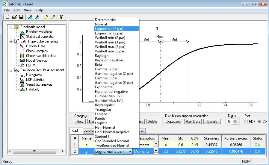 FReET tutorial vstupní veličiny na výběr mnoho rozdělení PDF/CDF přepínač