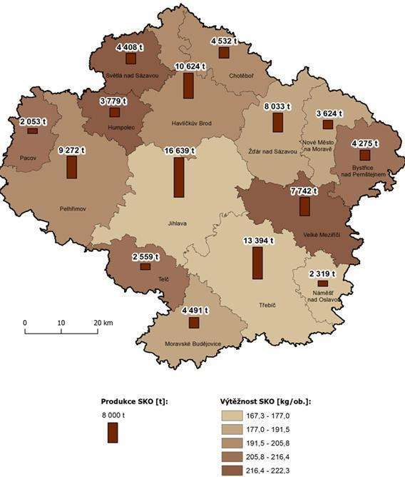 Obrázek 1: Produkce SKO v kg/obyv. v obcích na území ORP Kraje Vysočina (2014) Zdroj: POH KV Z mapy je zřejmé, že v rámci kraje jsou poměrně velké rozdíly v měrné produkci SKO.