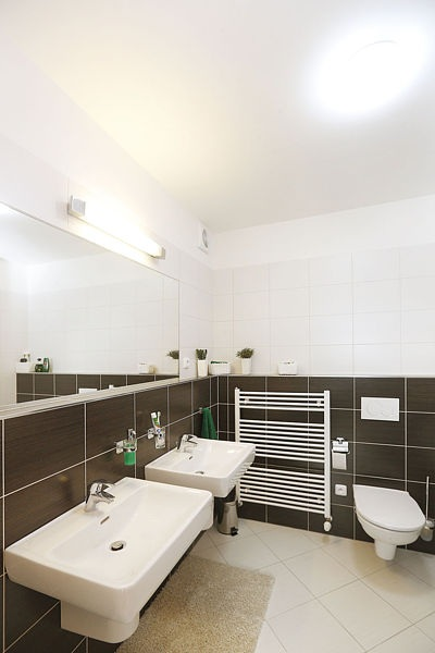Praktickým prvkem v koupelně je velké zrcadlo a nika přes dvě stěny, kam lze umístit toaletní potřeby.
