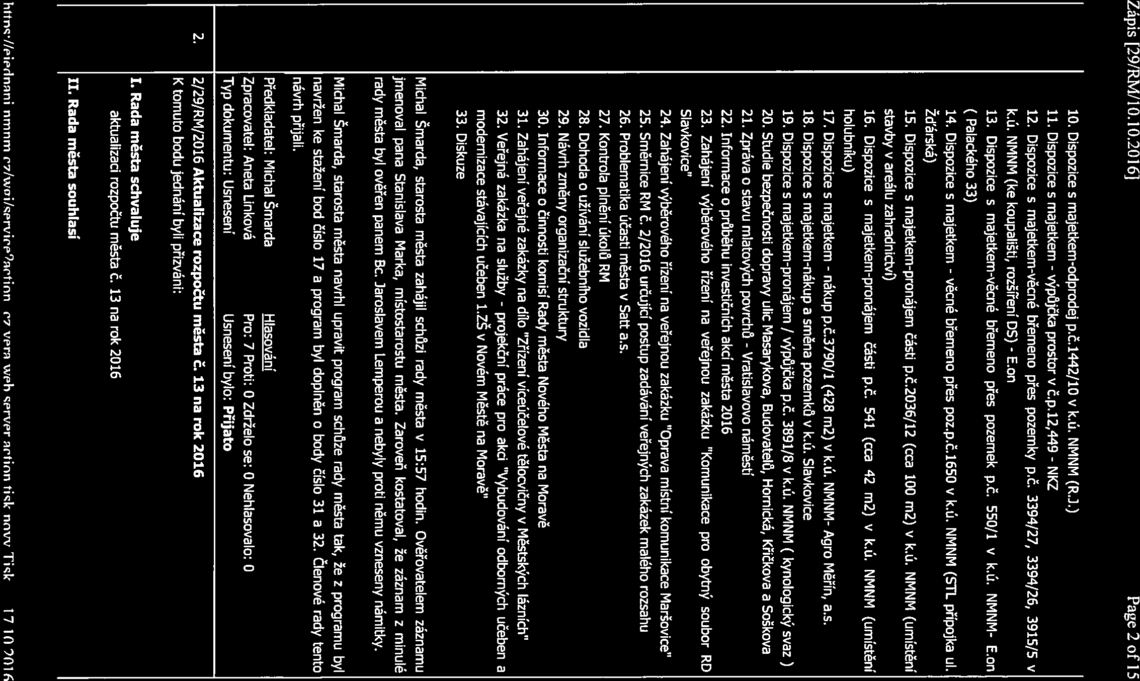 nákup věcné Vratislavovo Zápis [29/RM! W.1O.2016] Page 2 of 15 10. Dispozice s majetkem-odprodej p.č.1442/10 v k.ú. NMNM (R.].) 11. Dispozice s majetkem - výpůjčka prostor v č.p.12,449 - NIC 12.