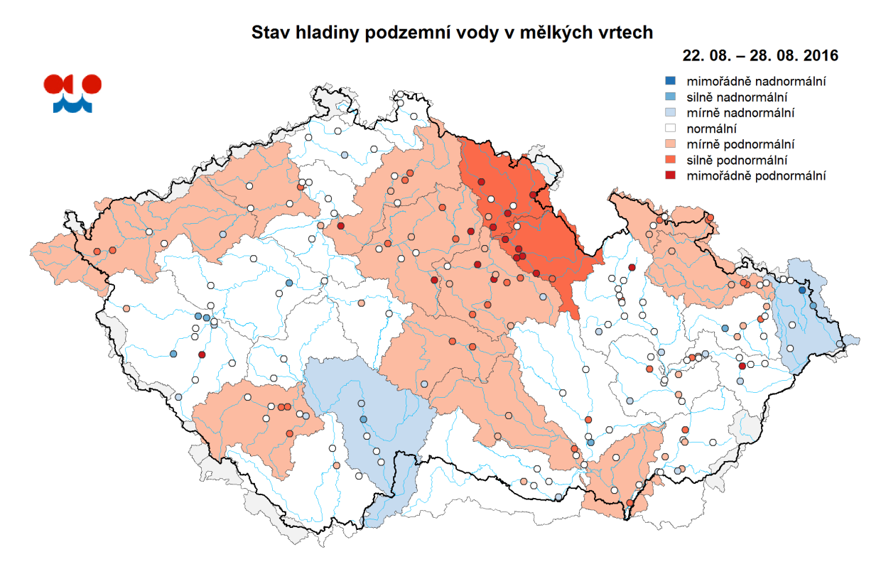 E. Podzemní vody Stav podzemních vod je hodnocen podle pravděpodobnosti překročení hladiny ve vrtu v příslušném týdnu.