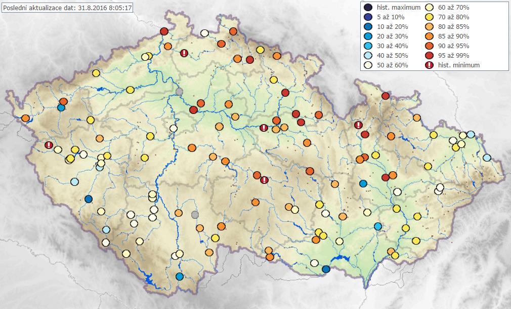 Při srovnání aktuálních denních průtokových hodnot s dlouhodobými historickými údaji pro daný den jsou nejblíže historickému minimu průtoky na Labi v Přelouči, na Ploučnici v České Lípě, na Šlapance