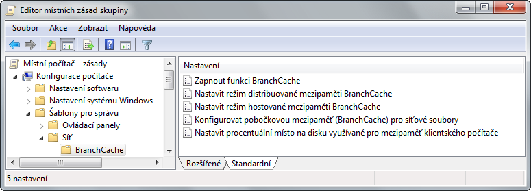 BranchCache Nastavení klientů Přes zásady skupiny Nevytváří potřebná pravidla