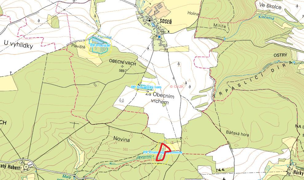 Orientační mapa s vyznačením území PP Prameny Javornice (zdroj Středočeský kraj) 1.