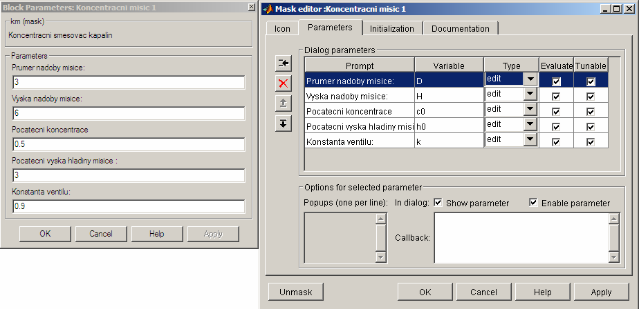 UTB ve Zlíně, Fakulta aplikované informatiky, 2009 8 Obrázek 4 - Vytvořený blok se 4 vstupy a 2 výstupy a konfigurační mask editor K vytvoření menu na Obrázek 5 se využije záložky