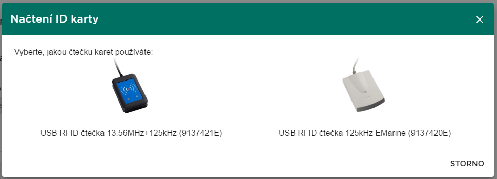 Načíst ze čtečky: Po kliknutí se zobrazí okno pro výběr čtečky 1. 2. USB RFID čtečka 13.56 MHz + 125 khz (9137421E) je potřeba nainstalovat ovladač čtečky karet. Ke stažení přímo v stránkách www.2n.