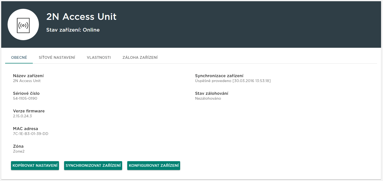 Konfigurace zařízení prostřednictvím 2N Access Commander 1. 2. Vyberte kartu Zařízení. Vyberte ze seznamu přidaných zařízení konfigurovat a zvolte možnost zvoleného zařízení).