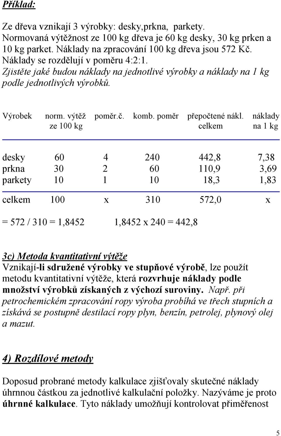 náklady ze 100 kg celkem na 1 kg desky 60 4 240 442,8 7,38 prkna 30 2 60 110,9 3,69 parkety 10 1 10 18,3 1,83 celkem 100 x 310 572,0 x = 572 / 310 = 1,8452 1,8452 x 240 = 442,8 3c) Metoda