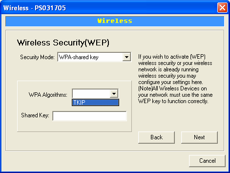 Tento tiskový server podporuje bezpečnostní režimy WEP a WPA-PSK. Chcete-li k ochraně vaší bezdrátové sítě použít kódování WEP, musíte si vybrat mezi WEP(ASCII) a WEP(HEX).