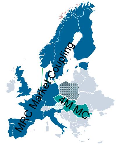 Zdroj: [9] Obrázek 3, Market Coupling Na dalším obrázku je možné vidět nejen 4M market coupling, ale také MRC market couplnig,