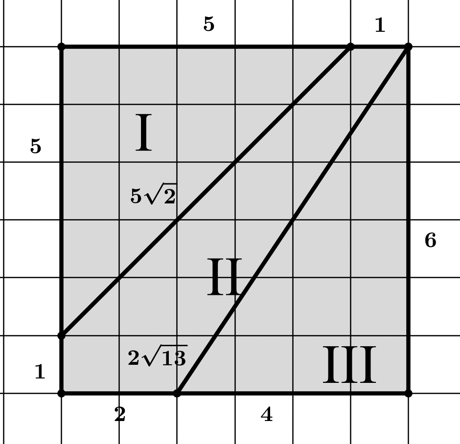 Strana jednoho čtverečku mřížky je 1 jednotka. Popíšeme si v obrázku délky všech stran všech útvarů. Spočteme i délky přepon obou pravoúhlých trojúhelníků pomocí Pythagorovy věty.