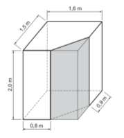 18. Štvorboký hranol má rozmery uvedené na obrázku. Z neho bol odrezaný trojboký hranol znázornený sivou farbou. Koľko m 3 má zvyšná časť hranola?