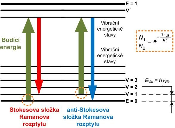 Rozptylové metody Ramanova spektroskopie Princip: Nepružný rozptyl monochromatického záření ve vzorku detekce rozptýleného záření posunuté charakteristické vlnové délky, typické pro danou molekulu,