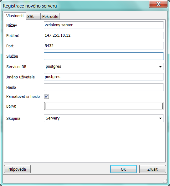Obrázek 2 - pgadmin - registrace nového serveru Vyplníme potřebné údaje, položku Služba necháváme obvykle prázdnou.