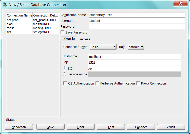Obrázek 4 - ORACLE Sqldeveloper - konfigurace přímého připojení k databázi Poznámka: Položku Role ponecháváme na možnosti default kromě případu, že se připojujeme pod administrátorkým účtem SYS, pro