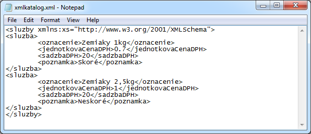 Strana 63 / 89 Zemiaky 2,5kg 1 20 Neskoré Vytvorenie XML súboru pre import (príklad pre MS Notepad): 1. Otvorte si textový editor a do prvého riadku vpíšte: <sluzby xmlns:xs="http://www.w3.