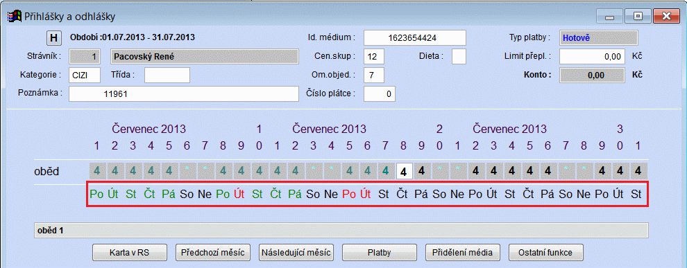 Barevné rozlišení vydané a nevydané stravy V dialogu přihlášek a odhlášek program barevně odliší dny, kdy byla strávníkovi strava na terminálu vydána od dnů, kdy si strávník jídlo nevyzvedl.