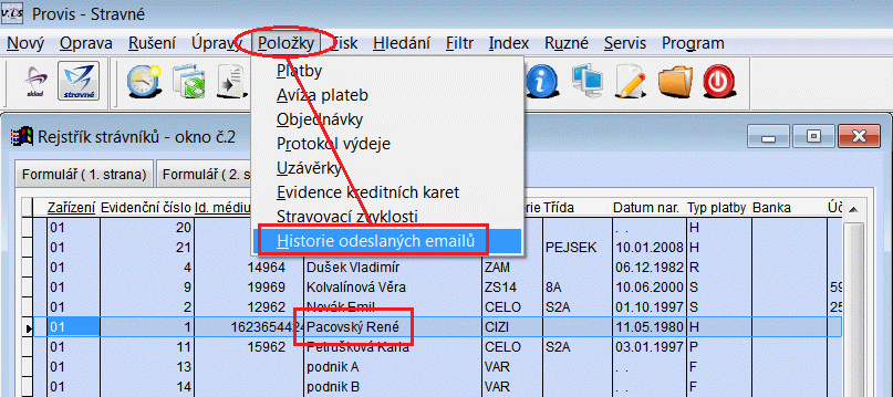 Historie odeslaných e-mailů Nově se v programu protokolují všechny odeslané e-maily strávníkům. E-maily se z programu odesílají například z modulu Objednávání internetem nebo z modulu Banka.