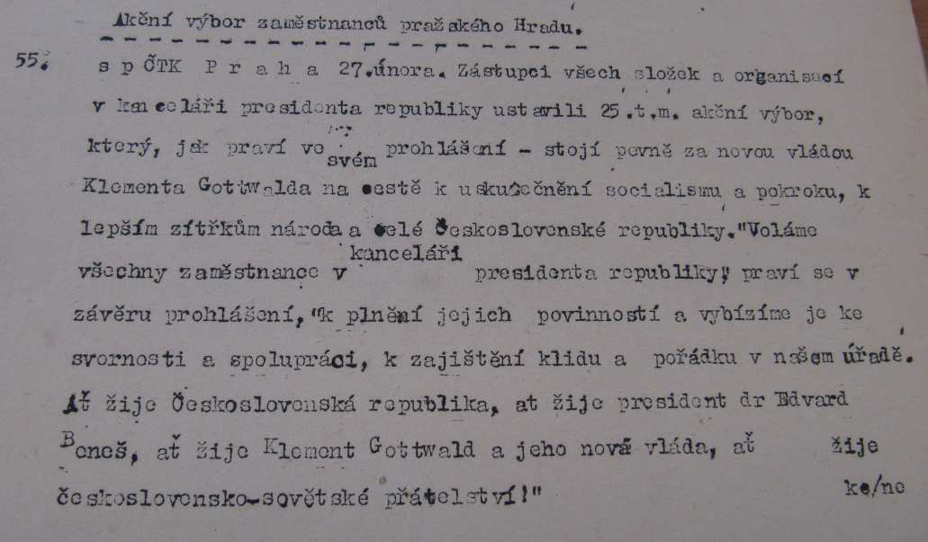 Příloha 3: Nová vláda složila 27. února 1948 slib do rukou prezidenta Beneše. 3 Příloha 4: Oznámení o založení akčního výboru v KPR. 4 3 SMUTNÝ, J.