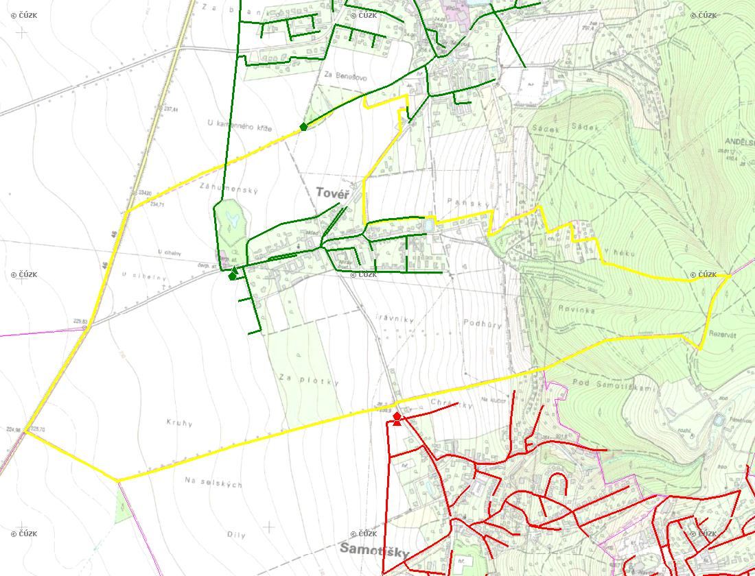 E. KANALIZACE A ČOV Mapa E1: Kanalizace - rozvody v obci Trasování sítí, lokalizace ČOV, čerpací stanice (ČS), výústě Obec: Tovéř Legenda: Kanalizace: Ochranné pásmo: Vyústění: do 2015 po 2015 I IA