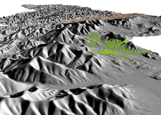 IV. Zahradní a krajinářská architektura 3D model terénu Chráněné krajinné oblasti Beskydy vytvořen pomocí softwaru ArcGIS. Barevně je vyznačena dohlednost kulturních dominant. 3D model: J.